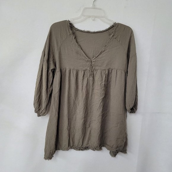 Shirt Women M Bohemian 3/4 Sleeve V-Neck Tunic Olive Frayed Edge Oversized - Picture 1 of 7
